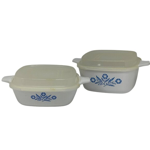 VTG CorningWare P-41-B Blue Cornflower 2 Petite Pans 1.75 Cup 80s USA Set White - Picture 1 of 11